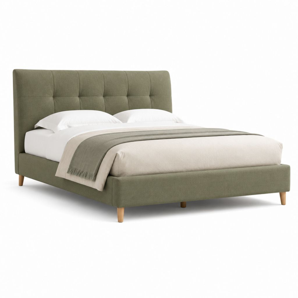 Polsterbett Doppelbett Olivgrün mit Polyesterbezug und Holzfüßen 160 x 200 cm