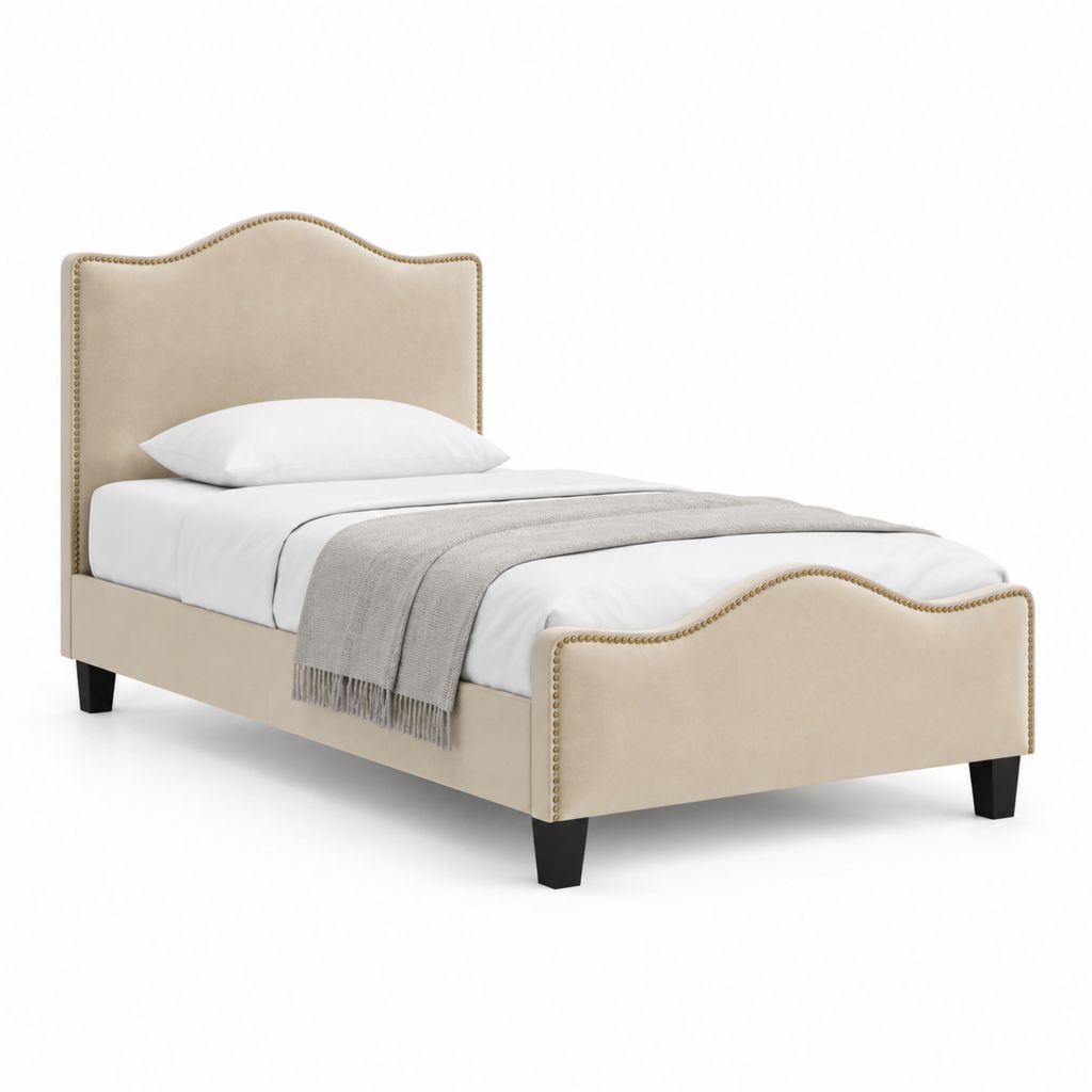 Polsterbett Einzelbett Beige Samtstoff mit geschwungenem Kopfteil 90 x 200 cm