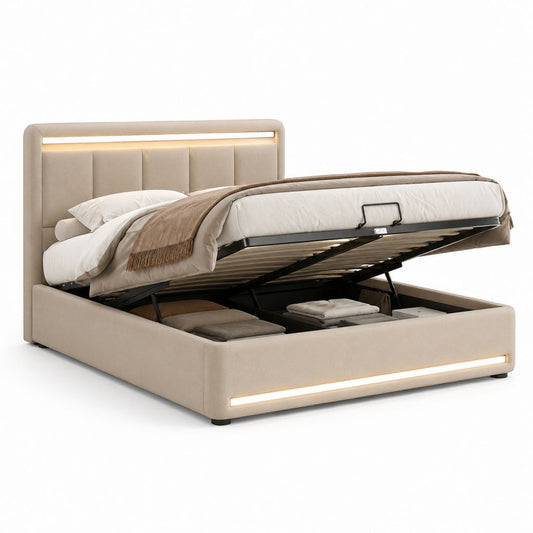 Polsterbett mit Stauraum Beige Polyester 160 x 200 cm mit LED-Beleuchtung