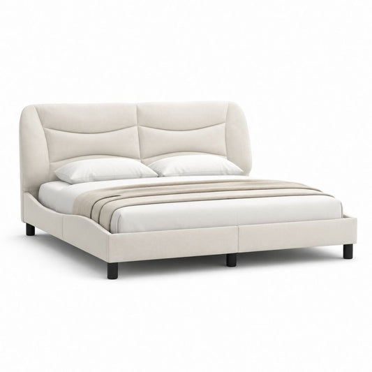 Polsterbett Doppelbett Creme Polyesterbezug mit gepolstertem Kopfteil 180 x 200 cm