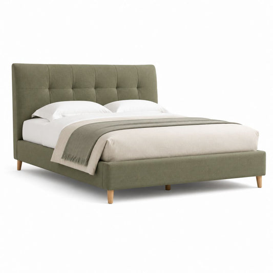 Polsterbett Doppelbett Olivgrün mit Polyesterbezug und Holzfüßen 160 x 200 cm