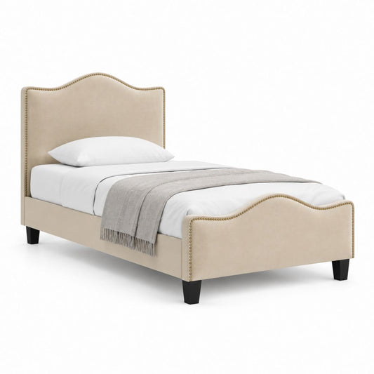 Polsterbett Einzelbett Beige Samtstoff mit geschwungenem Kopfteil 90 x 200 cm